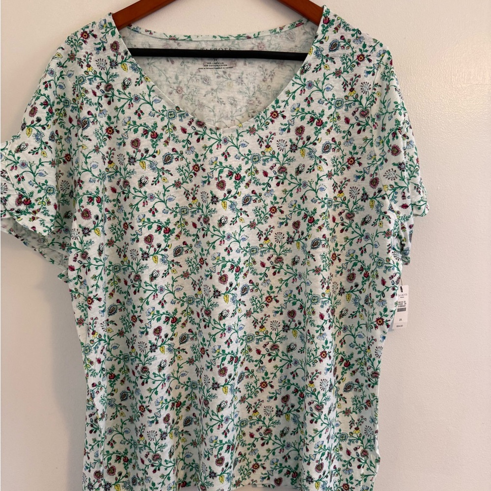 Talbots Mint Green Floral V-Neck Short Sleeve Top
